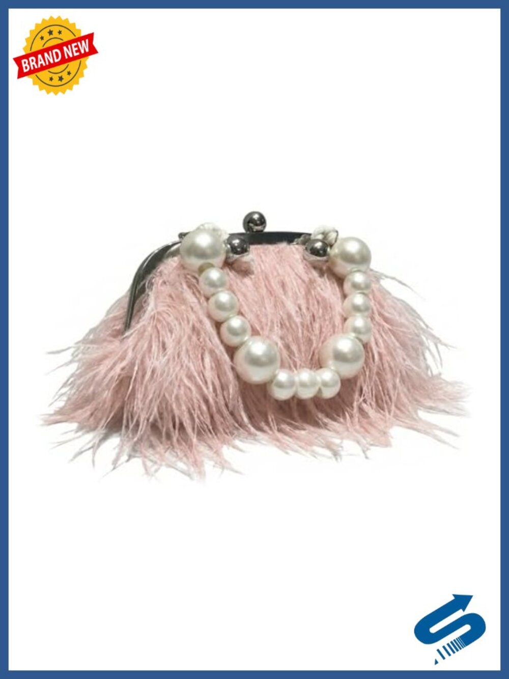 Vintage Fluffy Ostrich Feather Evening Clutch with Pearl Chain Bridal Purse